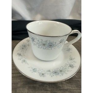 Noritake Porcelain China 6716 INVERNESS Platinum Vintage Japan Blue Cup + Saucer